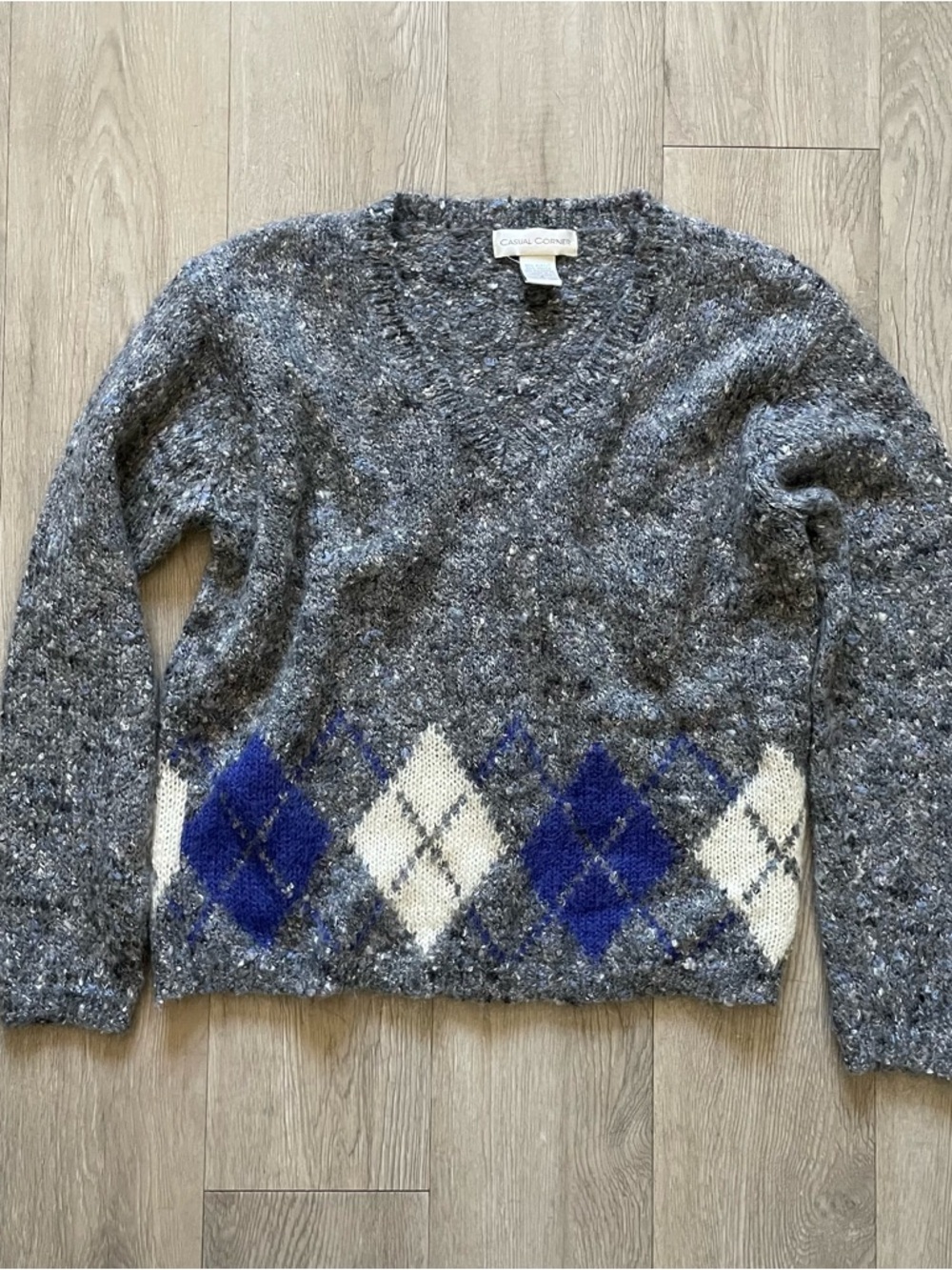 Casual Corner Gray Sweater with Blue & White Argyle